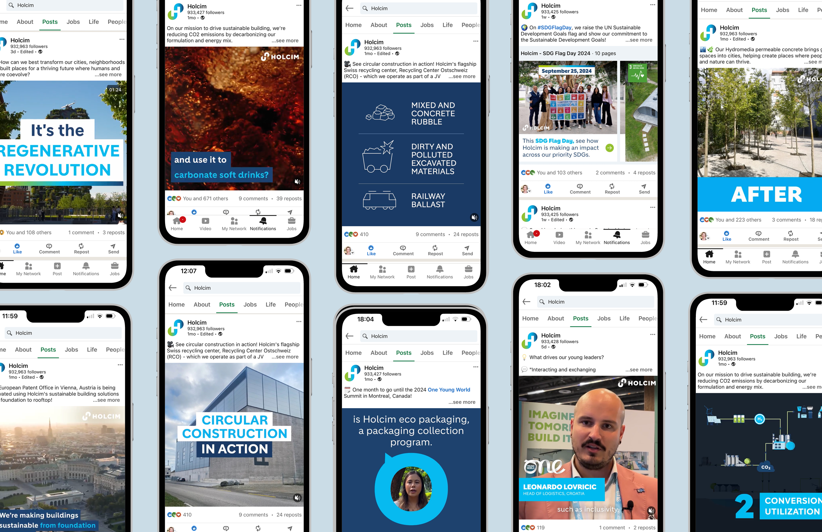 Examples of videos and carousels produced by H&B for Holcim